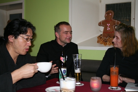 Elfriede Jelinek with Bei Ling and translator Martin Winter in Munich